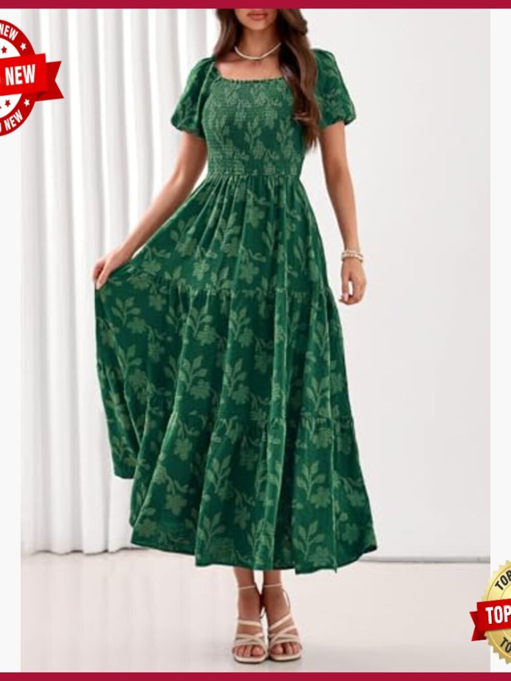 Summer Maxi Dress Floral Square Neck Smocked Bodice Pockets Boho - Picture 3 of 7